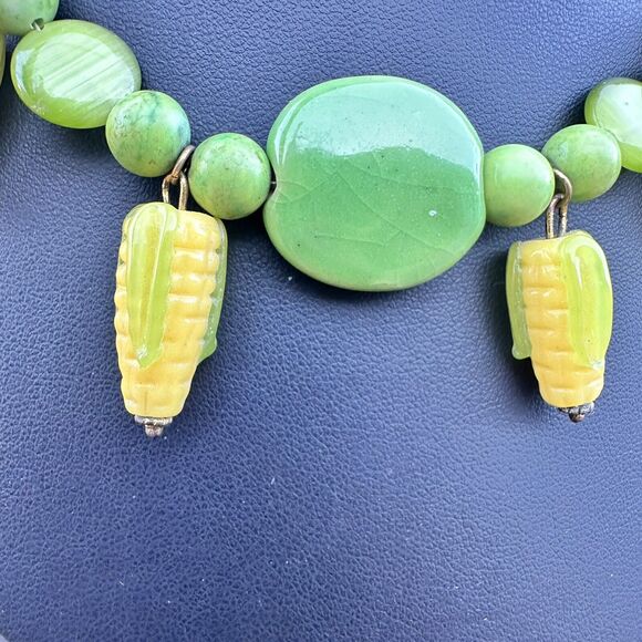 Vintage Glass Corn Necklace & Earrings Set Green Yellow Harvest Theme Vegetable - Picture 3 of 5